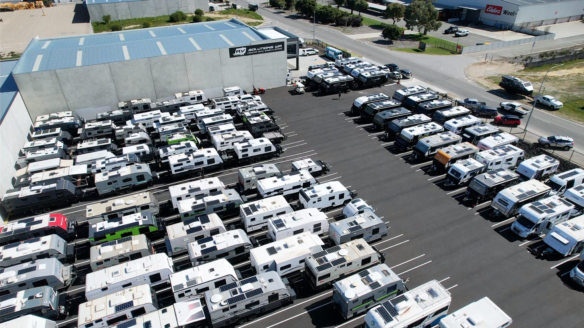 Aerial view of the RV Solutions WA caravan yard and showroom in Rockingham with used caravans and campers for sale