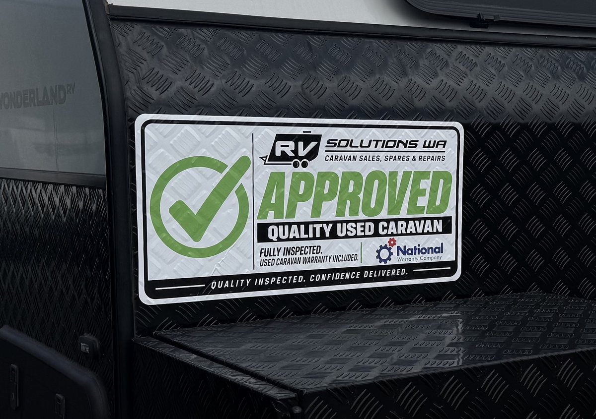 RV Solutions WA RVS Approved quality used caravan sticker with green tick and National Warranty Company logo